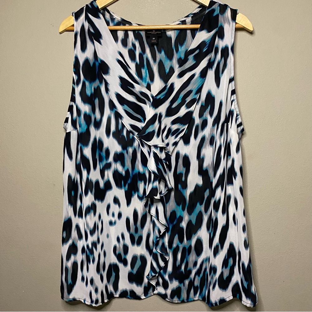 Worthington Abstract Leopard Print Sleeveless Blouse Women 2X Teal Black White - Picture 1 of 6